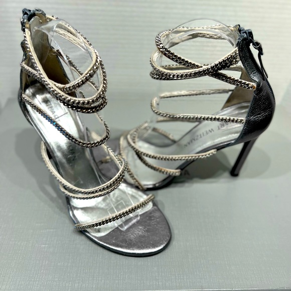 Stuart Weitzman Stilettos Gladiators Silver Chains Shoes 6 1/2 M Made in Spain - Picture 13 of 16